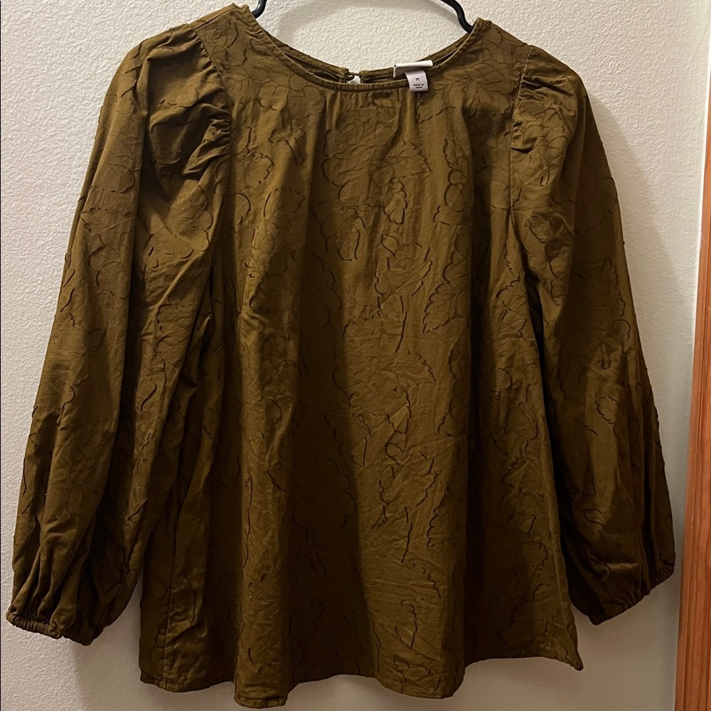 Olive Green Textured Long Sleeve Women's Top